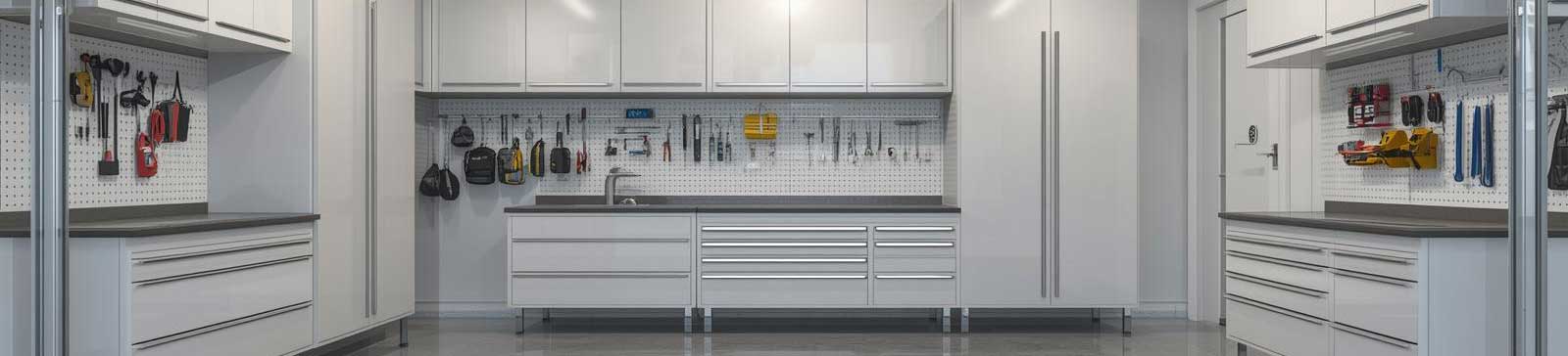 Spacious garage featuring gleaming cabinetry, tool organization, and a smart garage door opener, illustrating advanced custom garage solutions.