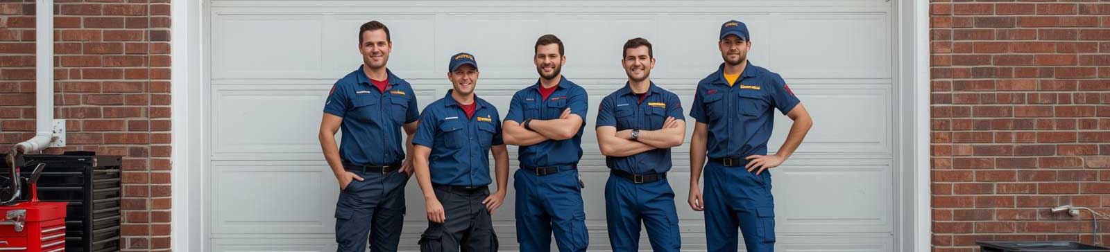 A crew of uniformed garage door technicians standing confidently in front of a brick residence with a white garage door, symbolizing expert local service and reliability.