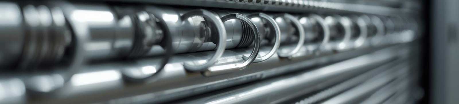 Detailed close-up image of multiple metal garage door springs aligned on a rack, showcasing professional-grade spring repair and replacement service.