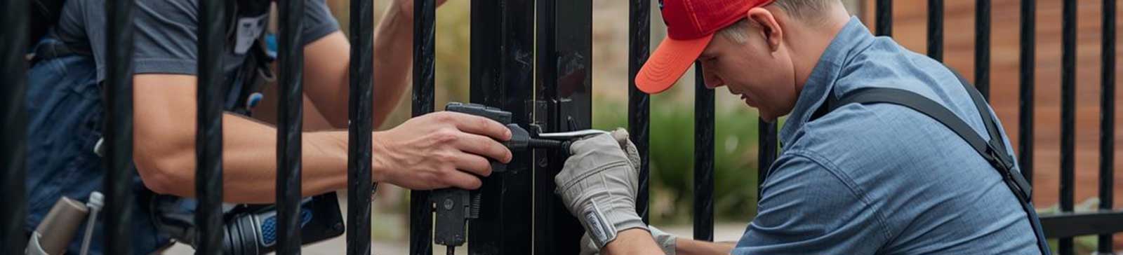 Team of skilled technicians performing repair on a black metal security gate at a residential property, exemplifying expert gate service and craftsmanship.