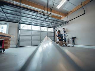 A technician installing a new sectional garage door inside a modern garage, illustrating professional installation service and quality craftsmanship.