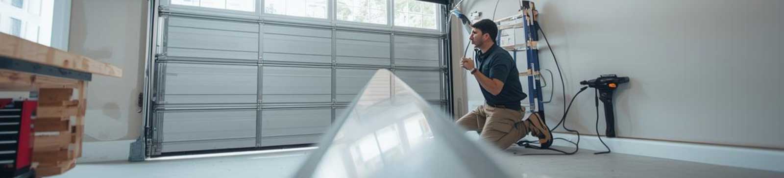 A technician installing a new sectional garage door inside a modern garage, illustrating professional installation service and quality craftsmanship.