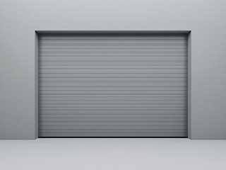 Closed modern overhead garage door with horizontal panels set in a plain light grey wall, representing a secure and efficient garage solution.